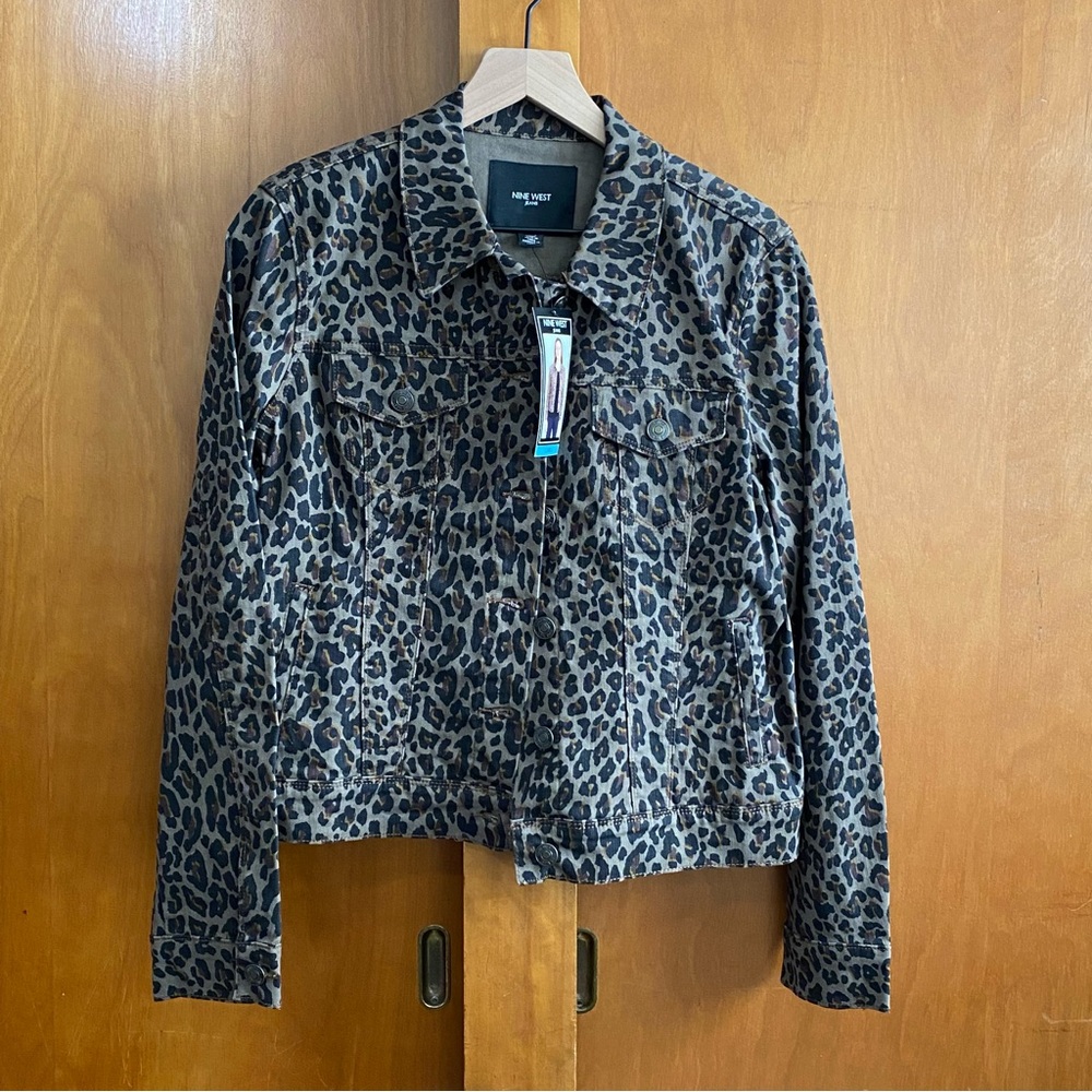 Nine West Leopard Print Denim Jacket With Buttons Large